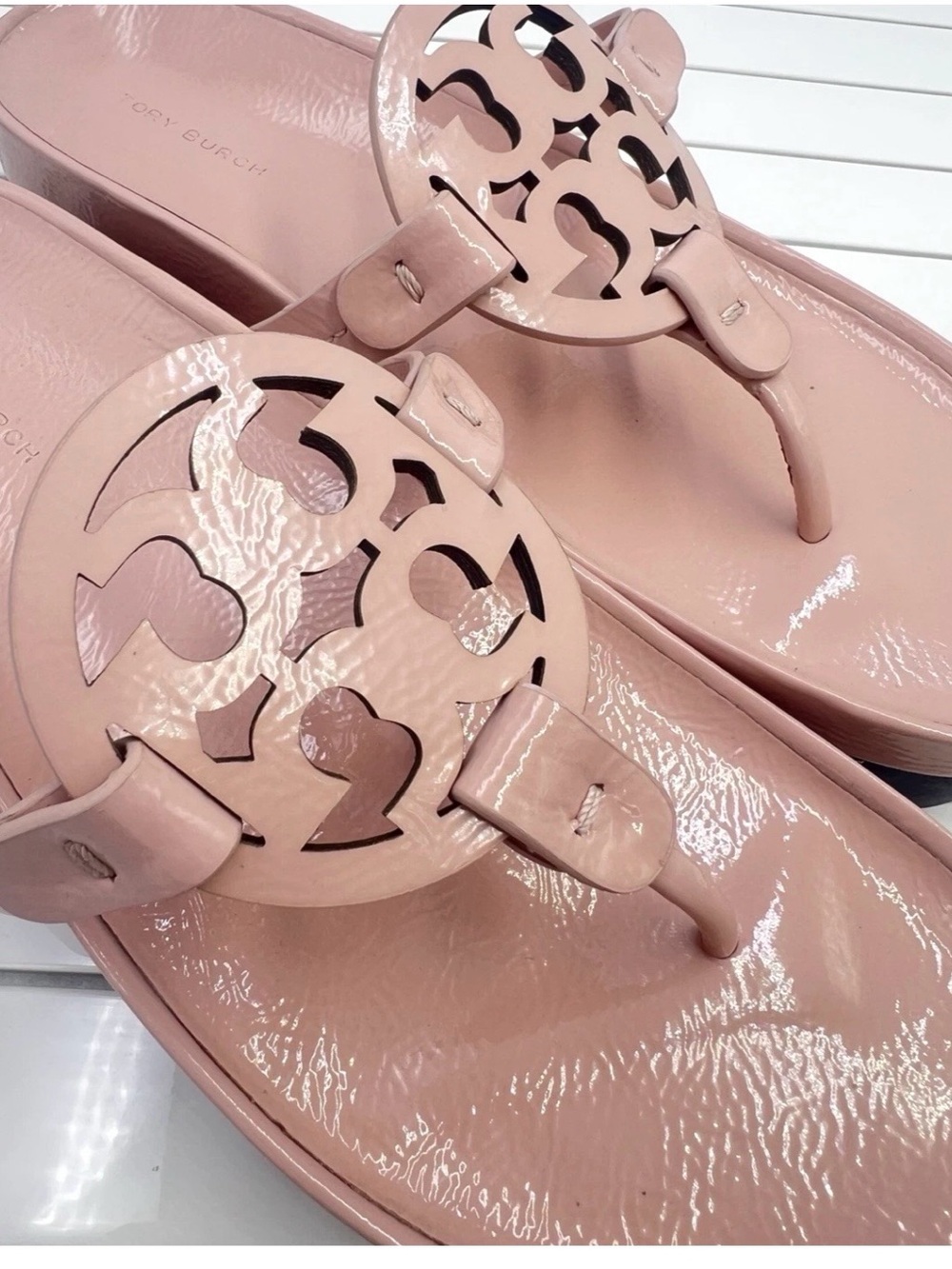 Tory Burch Miller Cloud Lug Sole Blush Nude Pink Patent Leather Sandals size 7.5 - Picture 5 of 12